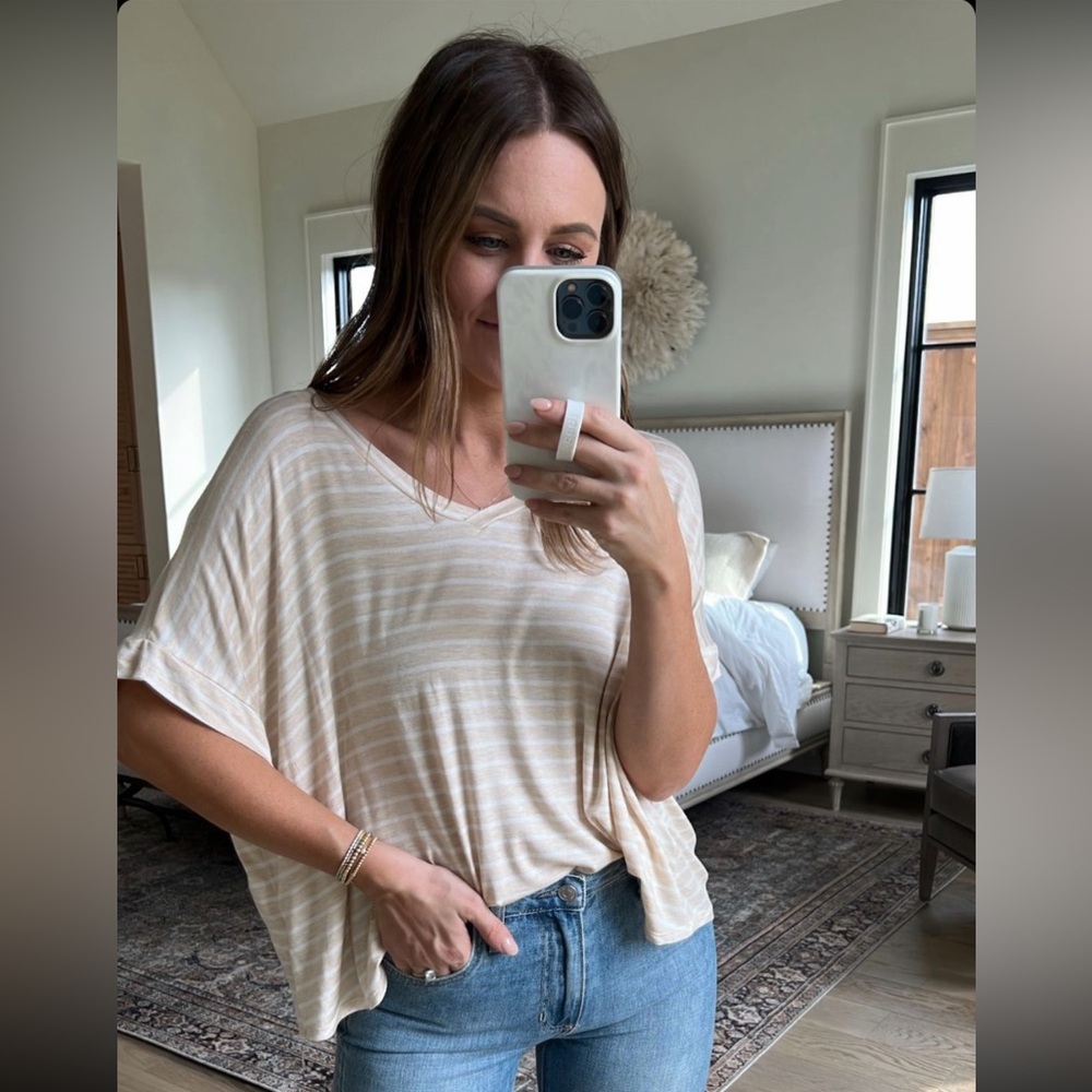 Pink Lily Daryl Ann Denner oatmeal stripe boxy sleeve shirt